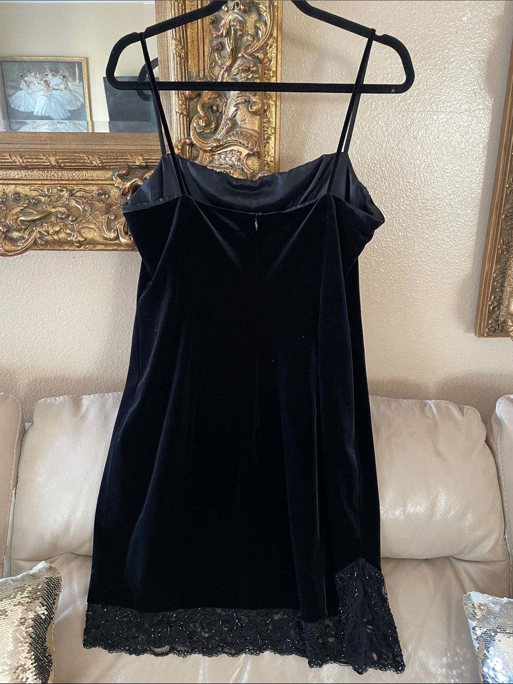 Laundry By Shelli Segal Black Velvet Slip Dress Beaded Embroidered Lace Trim - Picture 4 of 9
